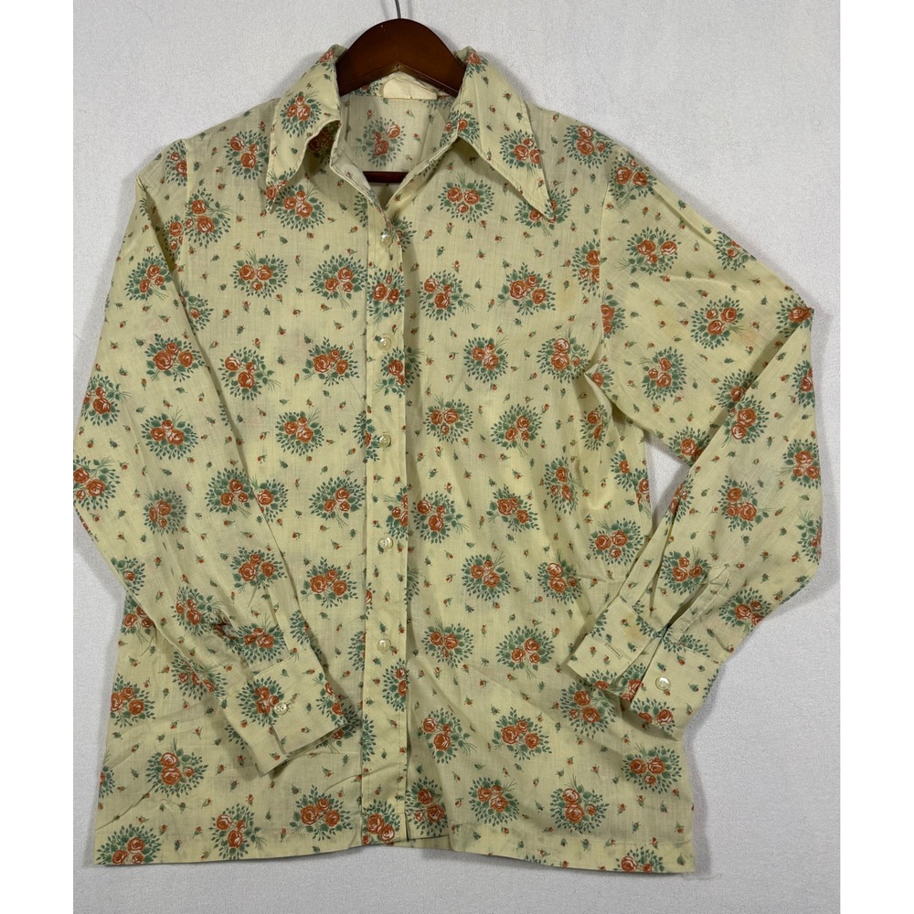Vintage Perma Prest Floral Button Down Blouse Cotton Blend 70s Retro Workwear